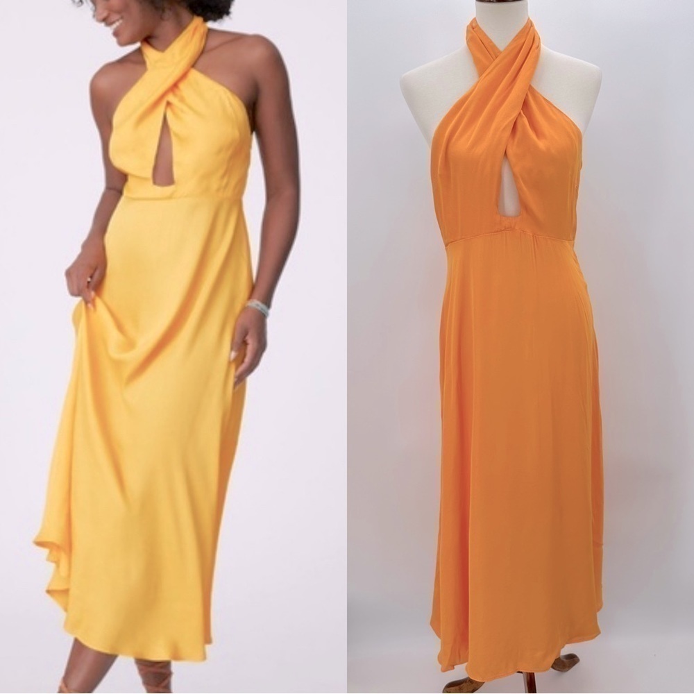 FARM Rio Yellow Orange Twist Halter Midi Dress